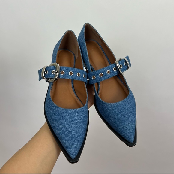 Maeve Anthropologie denim blue Pointed-Toe Moto Mary Jane Flats - Picture 2 of 8